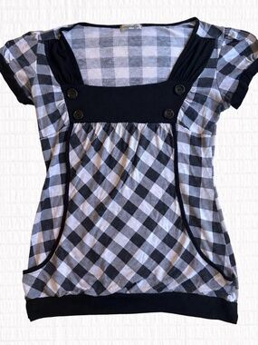Vintage Y2K Image Nation black white grey plaid babydoll top size tagged large